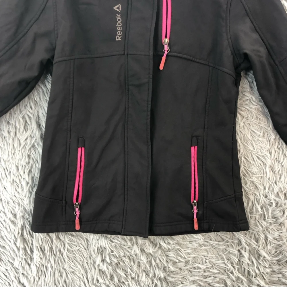 Reebok Jacket Girls Medium Black Pink Rain Resistant Pockets Fleece Lined